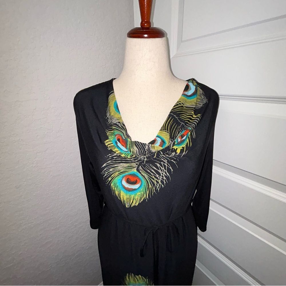 New, Madison Peacock Feather Print Cowlneck 3/4 Length Sleeve Dress - Picture 2 of 8